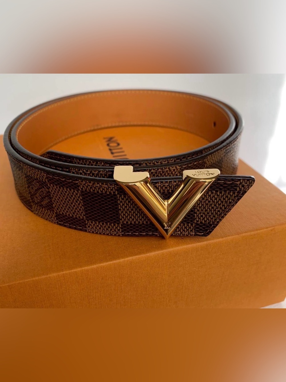 Louis Vuitton Brown Damier women’s Belt with Gold V Buckle